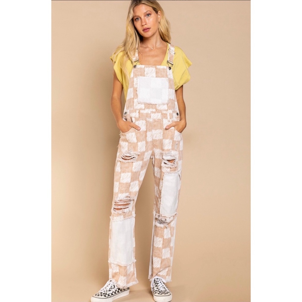 POL Tan & White Checkerboard Patched Distressed Overalls - Picture 2 of 7